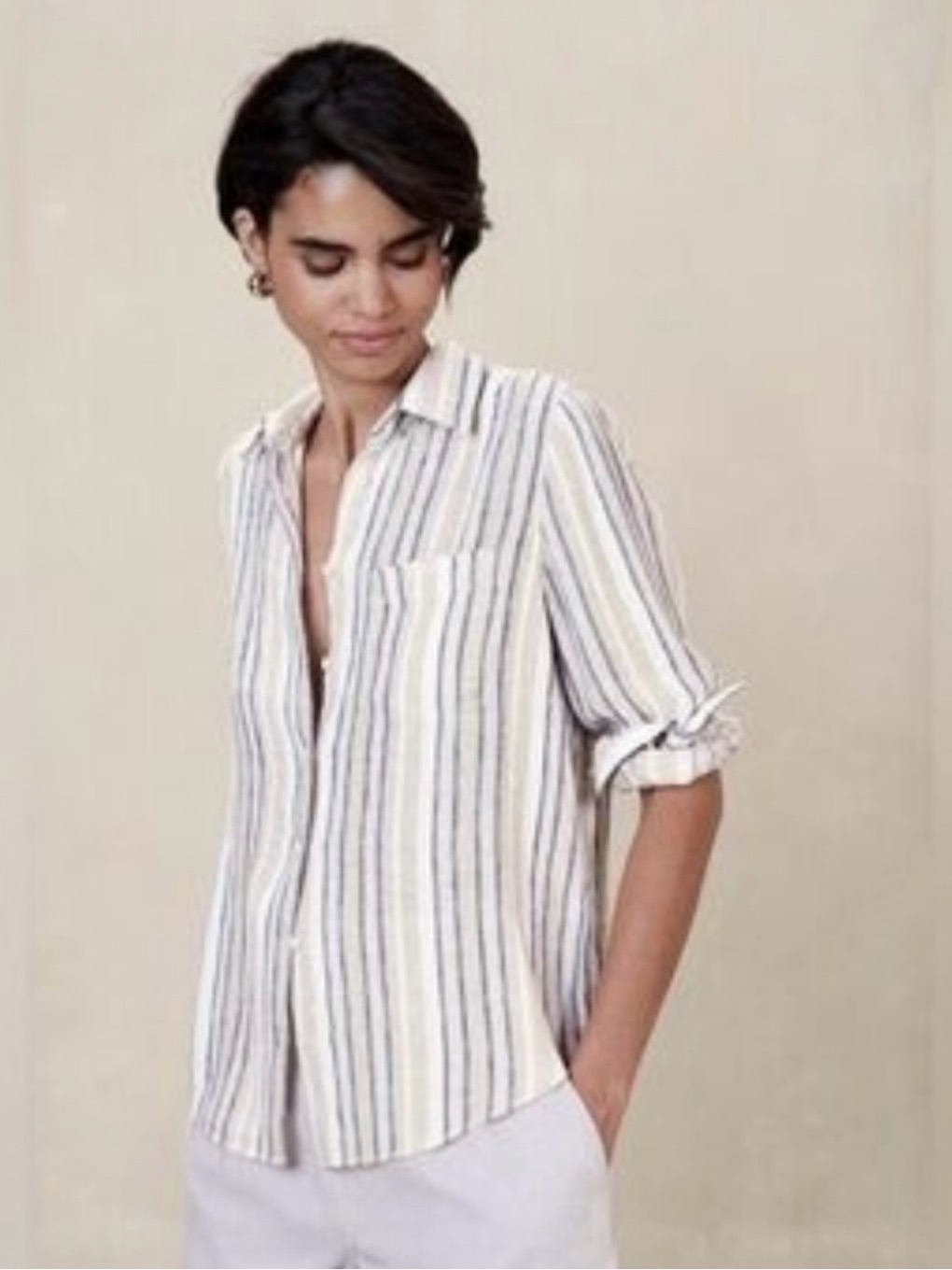 Nwt Banana Republic Womens Linen Blend Striped Long Sleeve Button Down Shirt